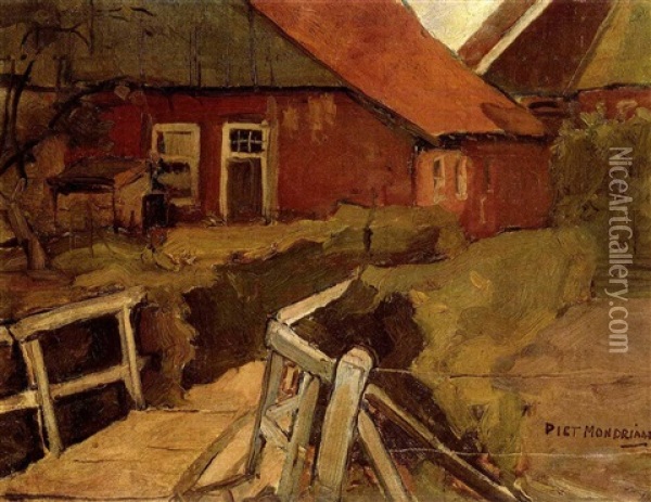 A Farmhouse With A Bridge In The Foreground Oil Painting - Piet Mondrian