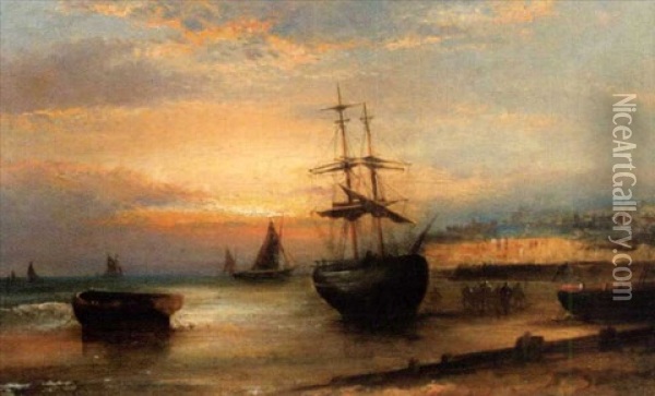 A Sailing Ship In Harbour Oil Painting - William Langley