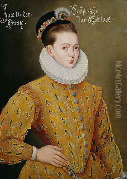 Portrait of James I of England and James VI of Scotland (1566-1625), purported to be the marriage portrait sent to the Danish Court to seduce Anne, his future wife 2 Oil Painting - Adrian Vanson