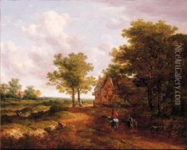 A Traveller Conversing With A Peasantwoman On A Track By Aninn Oil Painting - Meindert Hobbema