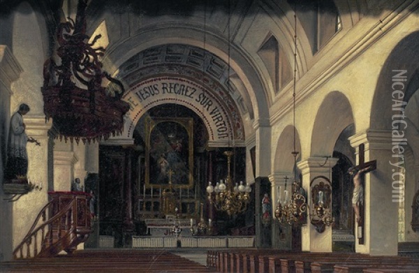 Interieur Einer Kirche In Virton, In Welcher Nicolas De Vivenot Zum Priester Geweiht Wurde Oil Painting - Hugo Jaeckel