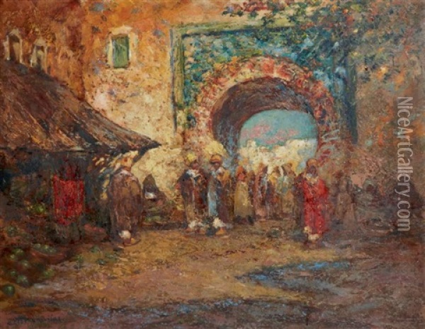 La Porte Bleue A Meknes Oil Painting - Charles Henri Gaston Dagnac-Riviere