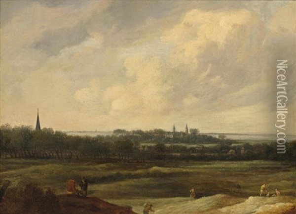 An Extensive Landscape With Figures In The Dunes In The Foreground And Villages With Churches Near Water In The Background Oil Painting - Jacob Van Der Croos