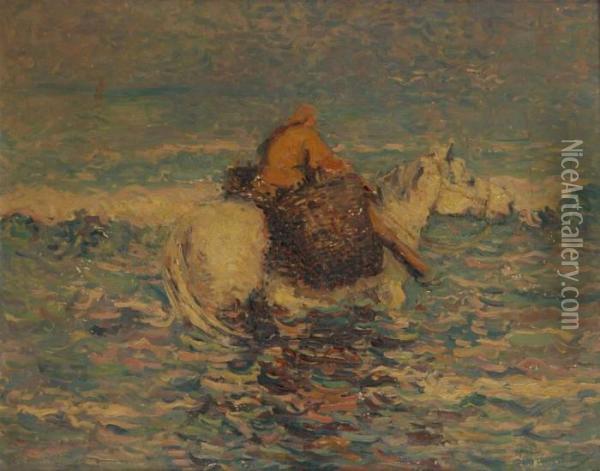 Pecheur De Crevettes A Chevalen Mer Du Nord Oil Painting - Jean Van Den Eeckhoudt
