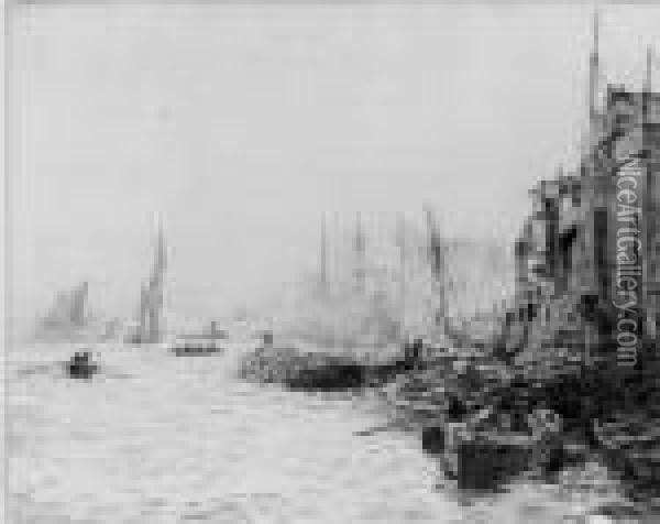 Barges At Woolwich Reach Oil Painting - William Lionel Wyllie