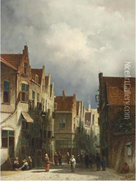 A Busy Street Scene In A Dutch Town Oil Painting - Pieter Gerard Vertin