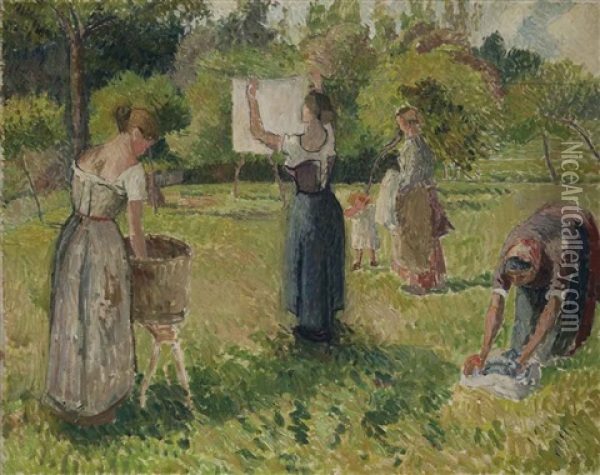 Les Laveuses A Eragny (sketch) Oil Painting - Camille Pissarro
