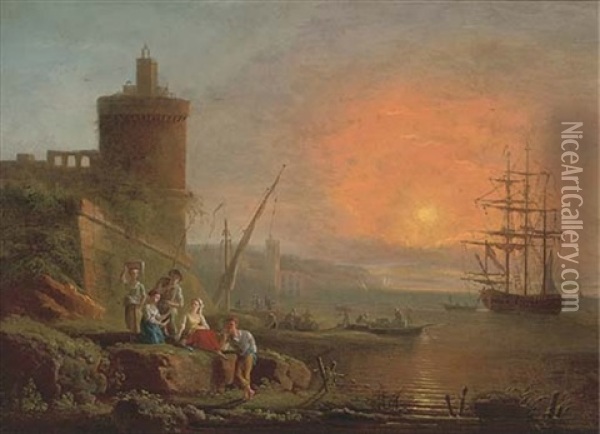 A Mediterranean Coastline At Sunset, With Fisherfolk On The Shore, A Man-o-war Moored Beyond Oil Painting - Charles Francois Lacroix