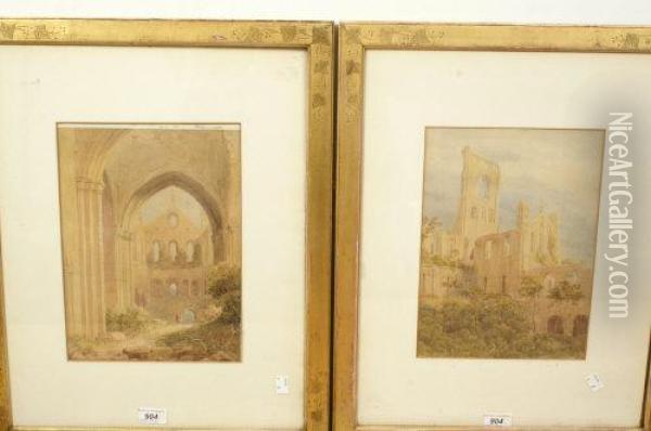 A Pair, Kirkstall Abbey Oil Painting - Joseph Rhodes