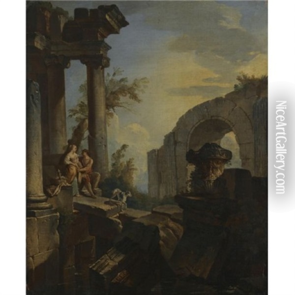 An Architectural Capriccio With A Couple Seated And A Dog Beneath Ruined Columns (+ An Architectural Capriccio With Figures Resting At The Foot Of The Pyramid Of Gaius Cestius; Pair) Oil Painting - Giovanni Paolo Panini
