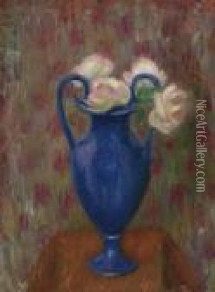 Pink Roses In Blue Urn Oil Painting - William Glackens