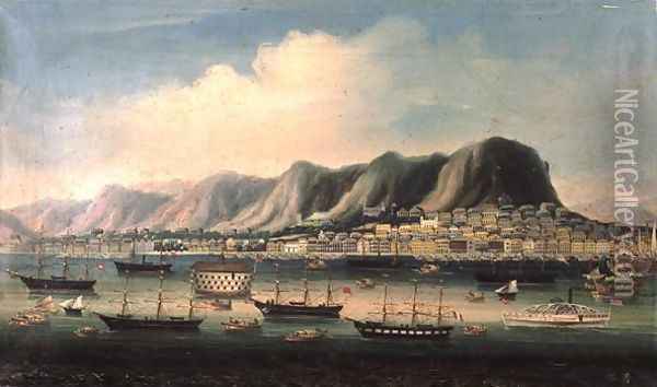 View of Hong Kong, with a Prison Hulk and a Paddlesteamer in the Harbour Oil Painting - Anonymous Artist