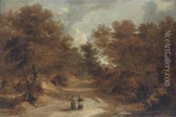 A Wooded Landscape With Peasants On A Path Oil Painting - Lodewijk De Vadder