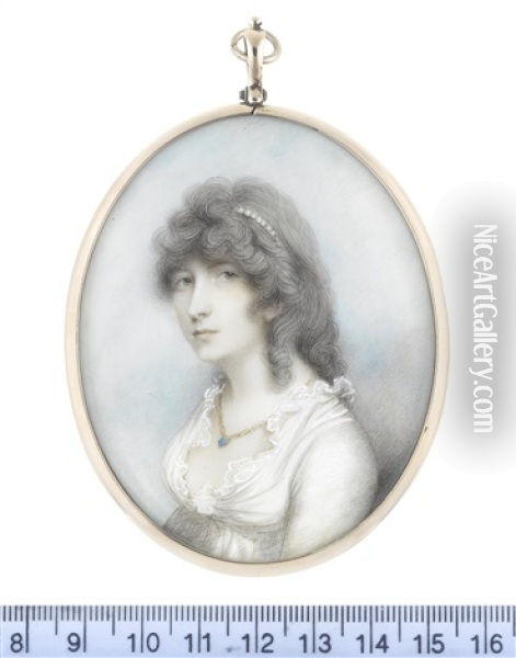 Frances Doyle (d.1806) Nee Rainsford, Wearing White Dress With Frilled Trim, A Turquoise Pendant On A Gold Chain Suspended From Her Neck... Oil Painting - Andrew Plimer