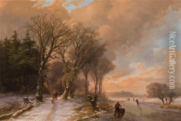 Summer: Cows Drinking From A Stream In A Wooded Landscape (+ Winter: Walkers On A Snow Covered Forest Path And Skaters On The Ice; 2 Works) Oil Painting - Johann Bernard Klombeck