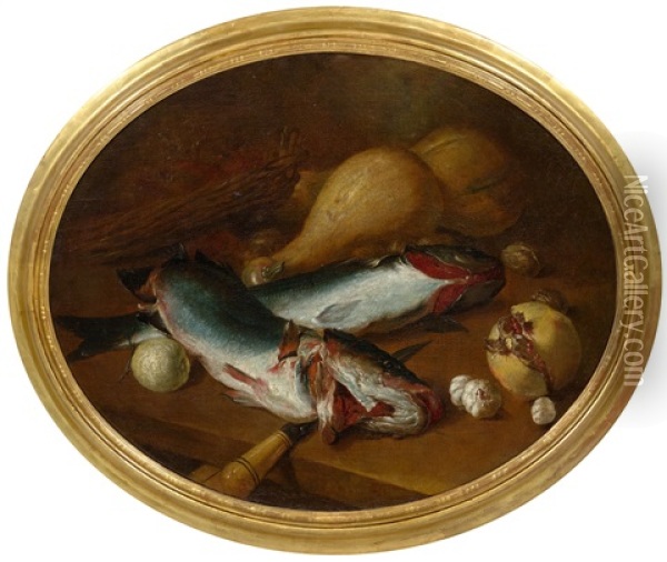 Still Life With Fish, Squash, Garlic And A Pomegranate Oil Painting - Giacomo Ceruti