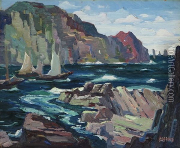 Coastal Scene With Boats At Inlet Oil Painting - George Pearse Ennis