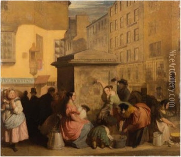 The Public Pump, Possibly Edinburgh Oil Painting - John MacLaren Barclay
