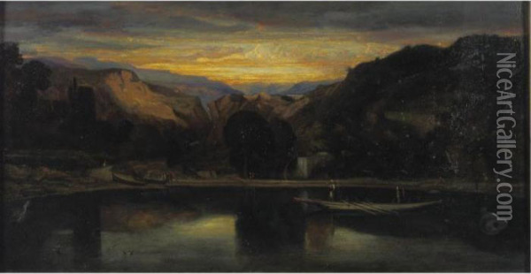Sunset On The Lake Oil Painting - Alexandre Gabriel Decamps