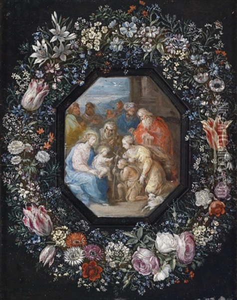 Blumenkranz Um Ein Medaillon Mit Einer Anbetung Des Kindes Oil Painting - Philippe de Marlier