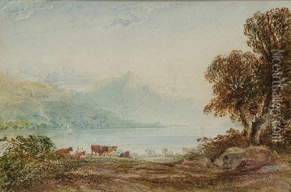 Vandyke Cattle By A Lake Oil Painting - Anthony Vandyke Copley Fielding