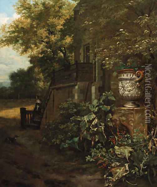A couple on a stairway outside a mansion by a classical vase Oil Painting - Mathias Withoos