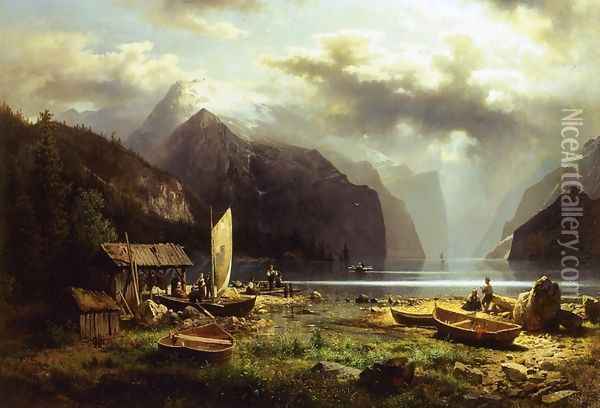 Fishing Village Oil Painting - Herman Herzog