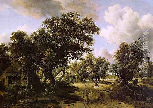 Cottages beside a Track through a Wood Oil Painting - Meindert Hobbema
