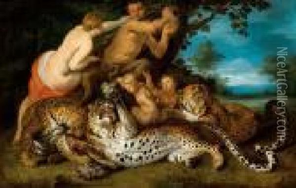 Leopards Playing With Nymphs And Satyr. Circa 1626. Oil Painting - Jan Brueghel the Younger