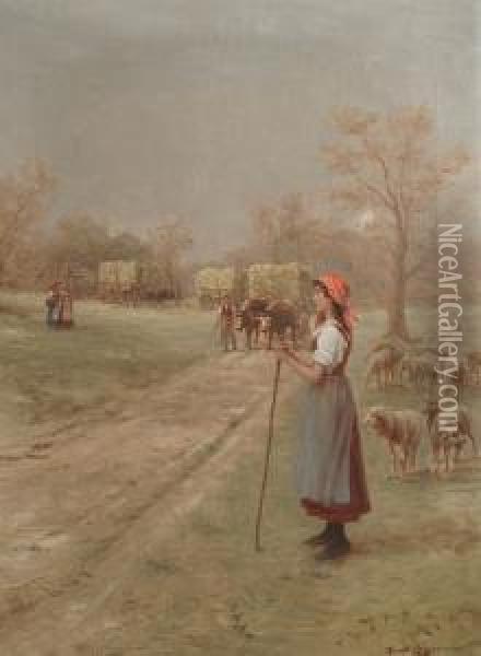The Shepherdess Oil Painting - Lajos Bruck