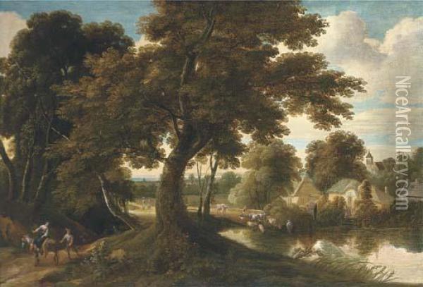 A Wooded Village Landscape With A
 Drover And His Cattle Crossing A Ford And Figures On A Track Oil Painting - Jacques D Arthois