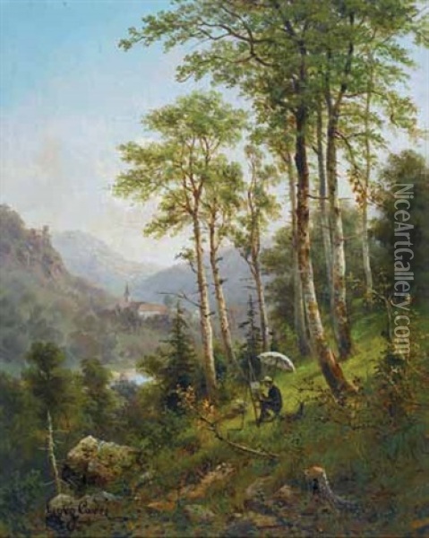 Der Maler In Landschaft - Blick Auf Georgenberg Unter-innthal Oil Painting - Julius Karl Rose