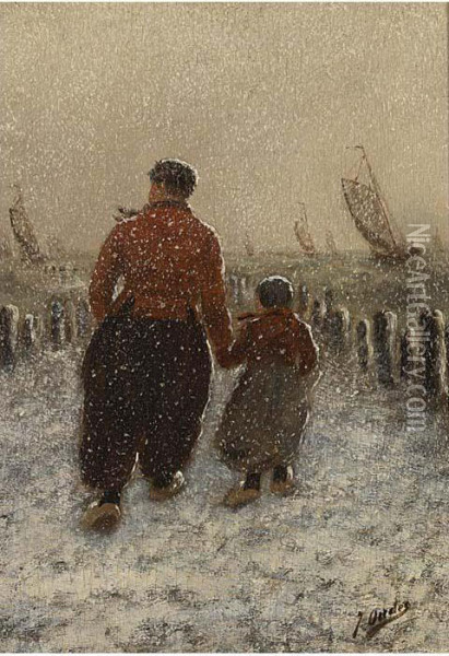 'volendammers' Walking In The Snow Oil Painting - Jacob, Oudes Snr.