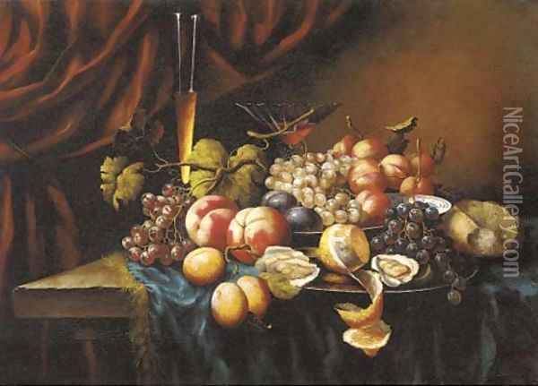 Oysters, bread, plates of grapes, peaches, plums and a lemon before wine glasses on a table Oil Painting - Continental School