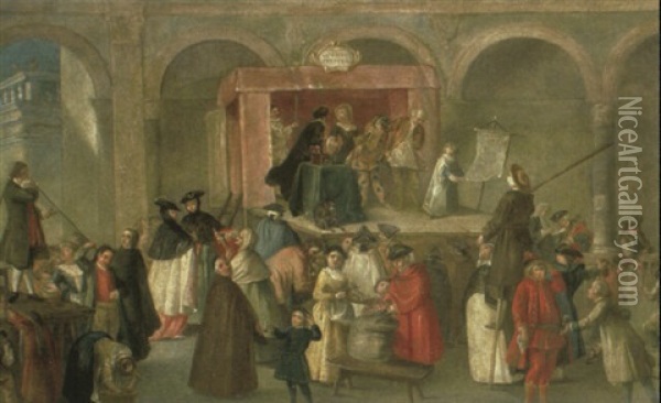 A Performance Of The Commedia Dell'arte Before An Arcade Oil Painting - Pietro Longhi