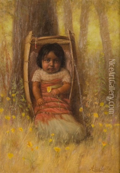 Native American Child In A Papoose Holding A California Poppy Oil Painting - Alice Coutts