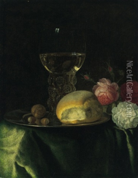 Ein Stillleben Mit Einem Gefullten Weinglas, Einem Brotchen Und Nussen Auf Einem Silbernen Teller Oil Painting - Simon Luttichuys