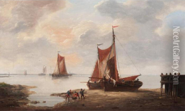Fishermen In A Harbour Oil Painting - Louis Verboeckhoven