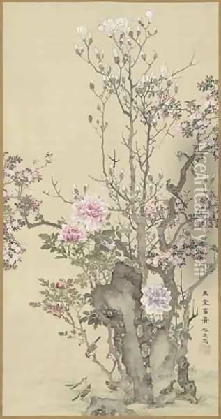 Bird and Flowers, Edo period Oil Painting - Yamamoto Baiitsu