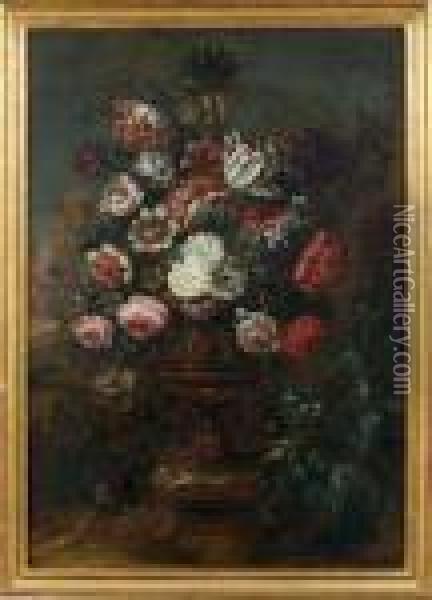 Vase De Fleurs Sur Un Fond De Paysage Oil Painting - Jean-Baptiste Monnoyer