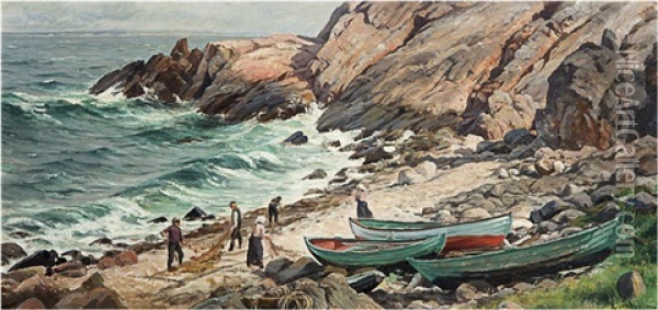 Drying The Fishing Nets Oil Painting - Berndt Adolf Lindholm