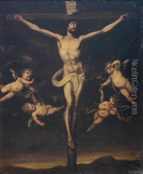 Crucificado Con Angeles Oil Painting - Pedro Anastasio Bocanegra