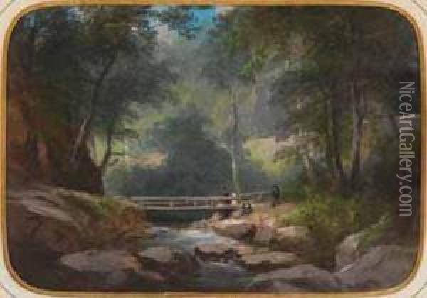 Promeneurs A La Passerelle, 1859 ( ?) Oil Painting - Jules Louis Phillipe Coignet