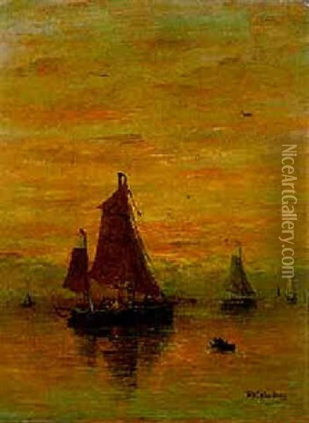 A Calm: Bomschuiten At  Sunset Oil Painting - Hendrik Willem Mesdag