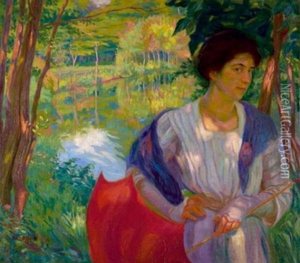 Jeune Femme A L'ombrelle Rouge, Circa 1910 Oil Painting - Raphael-Leon Leguilloux