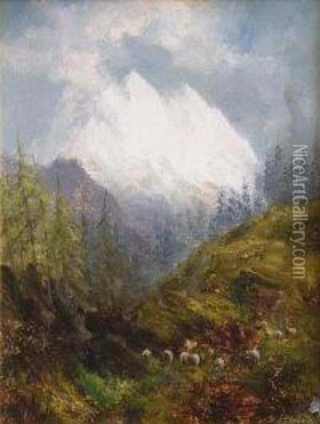 Alpine Landscape With Sheep Oil Painting - Samuel John Barnes
