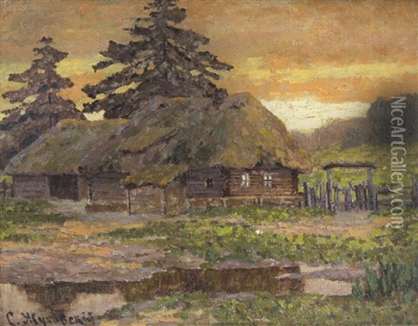 Sunset In The Village Oil Painting - Stanislav Yulianovich Zhukovsky