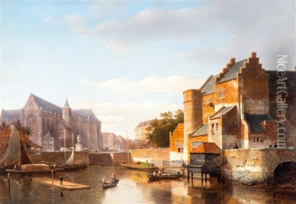 A Capriccio View Of A Dutch Town Along A Canal Oil Painting - Kasparus Karsen