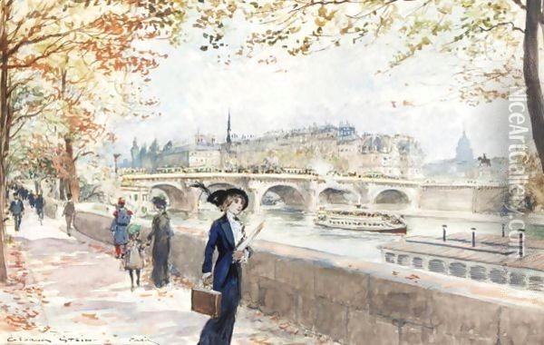 Elegant Ladies By The Banks Of The Seine, Paris Oil Painting - Georges Stein