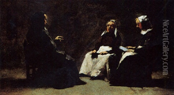 Three Women Seated In An Interior Oil Painting - Theodule Ribot